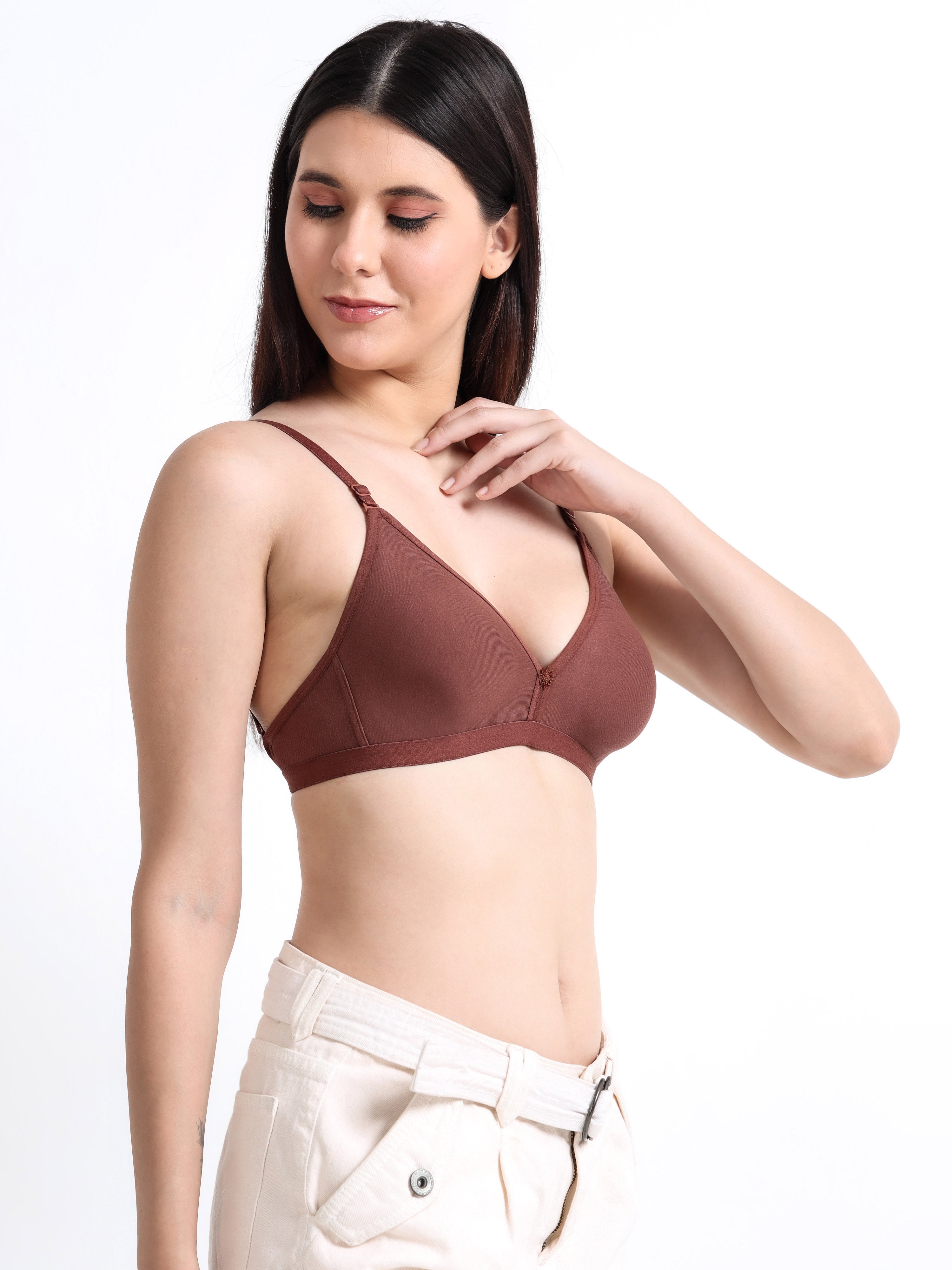 Machau Lingerie Women's  Non Padded Wire-Free Adjustable Straps V-Neck Seamless Full Coverage Cotton-Rich Fabric Everyday T-Shirt Bra