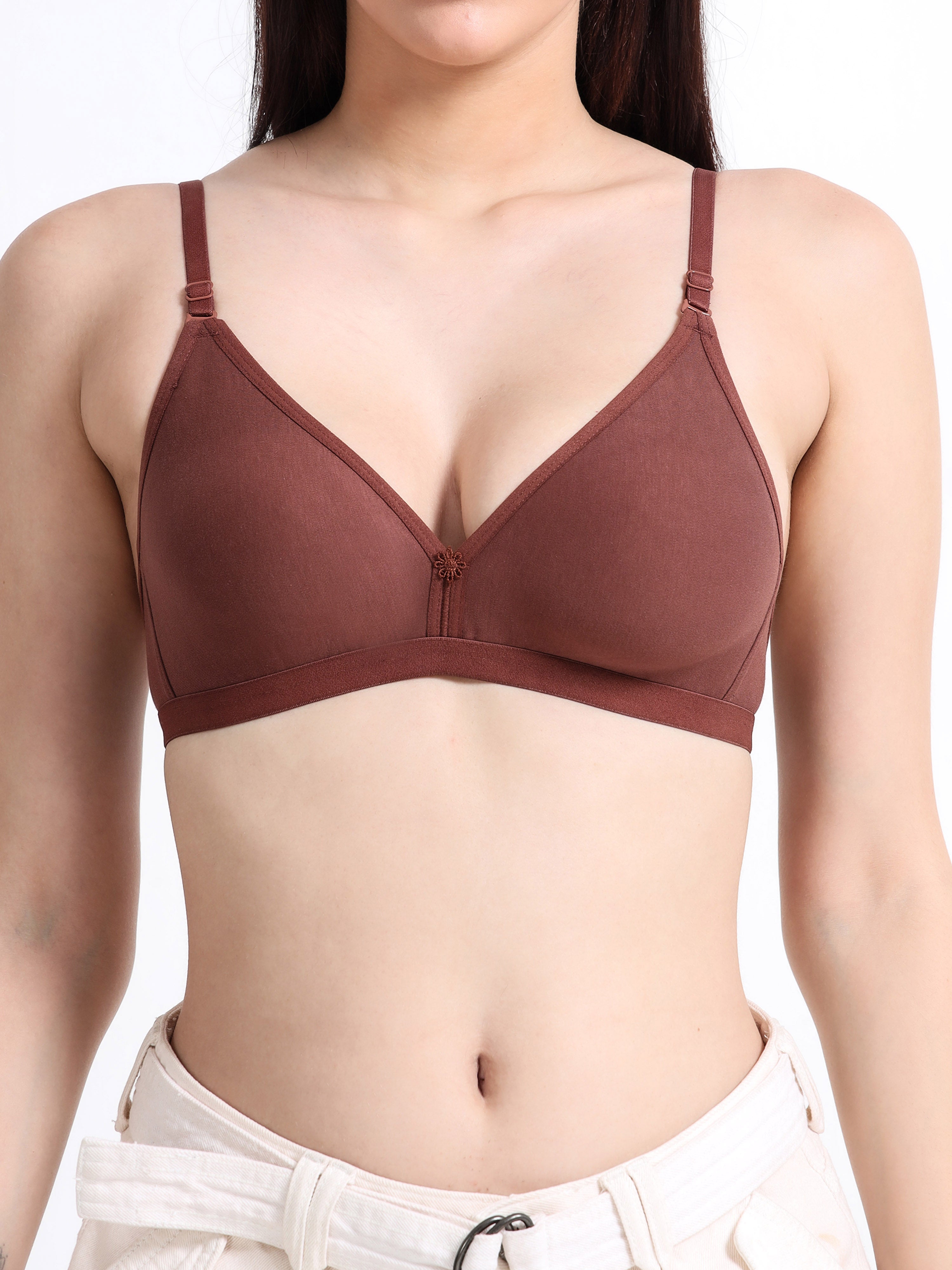 Machau Lingerie Women's  Non Padded Wire-Free Adjustable Straps V-Neck Seamless Full Coverage Cotton-Rich Fabric Everyday T-Shirt Bra
