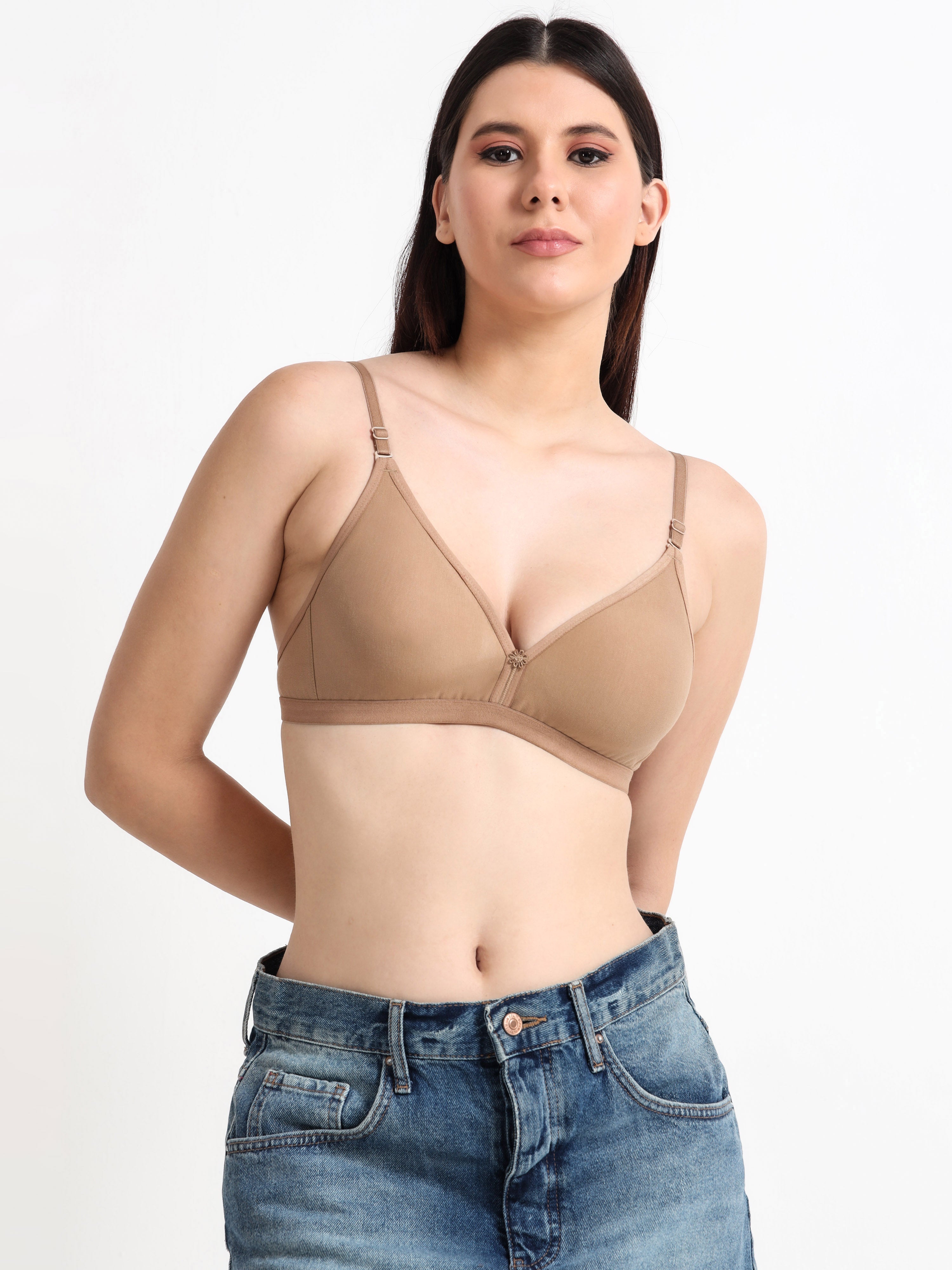 Machau Lingerie Women's  Non Padded Wire-Free Adjustable Straps V-Neck Seamless Full Coverage Cotton-Rich Fabric Everyday T-Shirt Bra