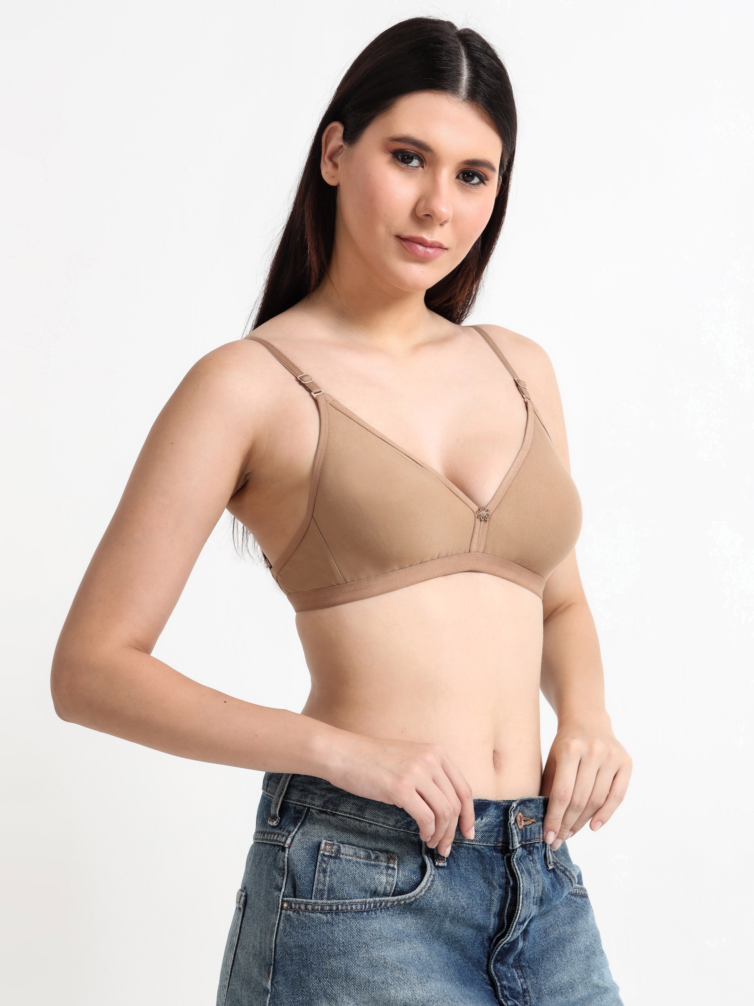 Machau Lingerie Women's  Non Padded Wire-Free Adjustable Straps V-Neck Seamless Full Coverage Cotton-Rich Fabric Everyday T-Shirt Bra