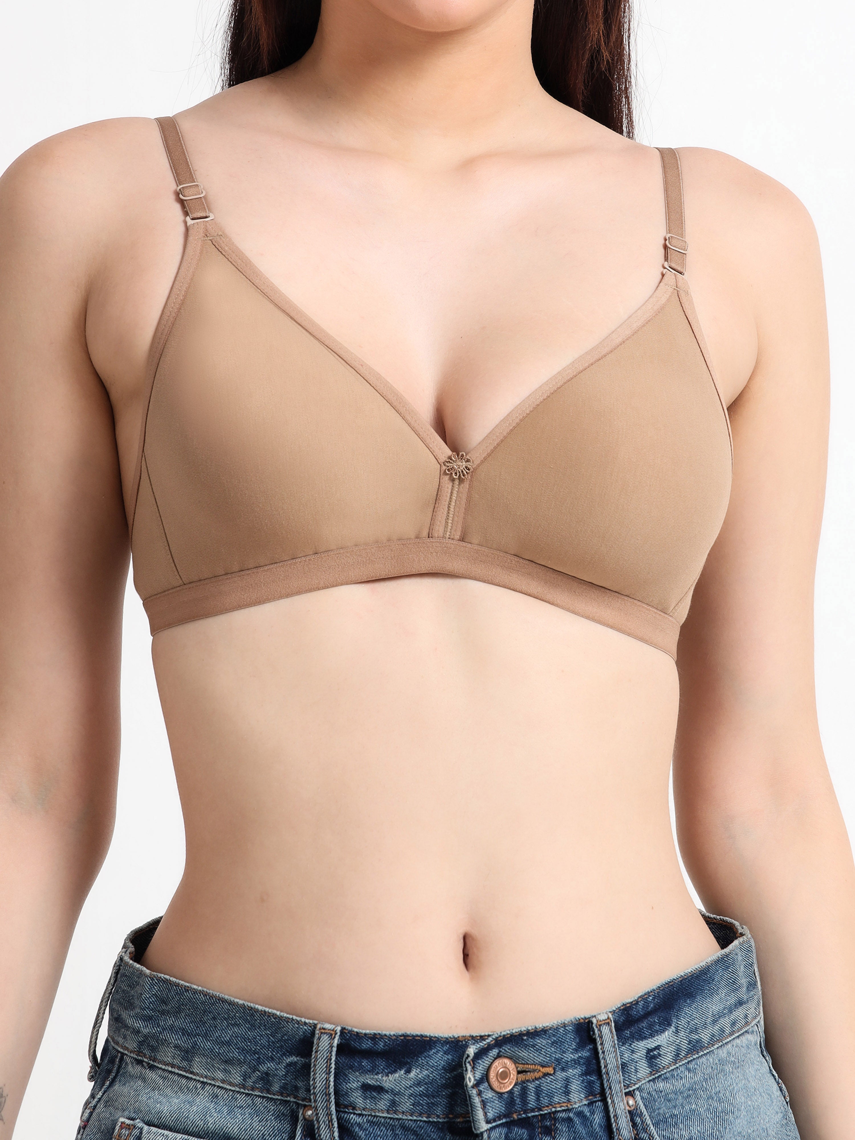 Machau Lingerie Women's  Non Padded Wire-Free Adjustable Straps V-Neck Seamless Full Coverage Cotton-Rich Fabric Everyday T-Shirt Bra