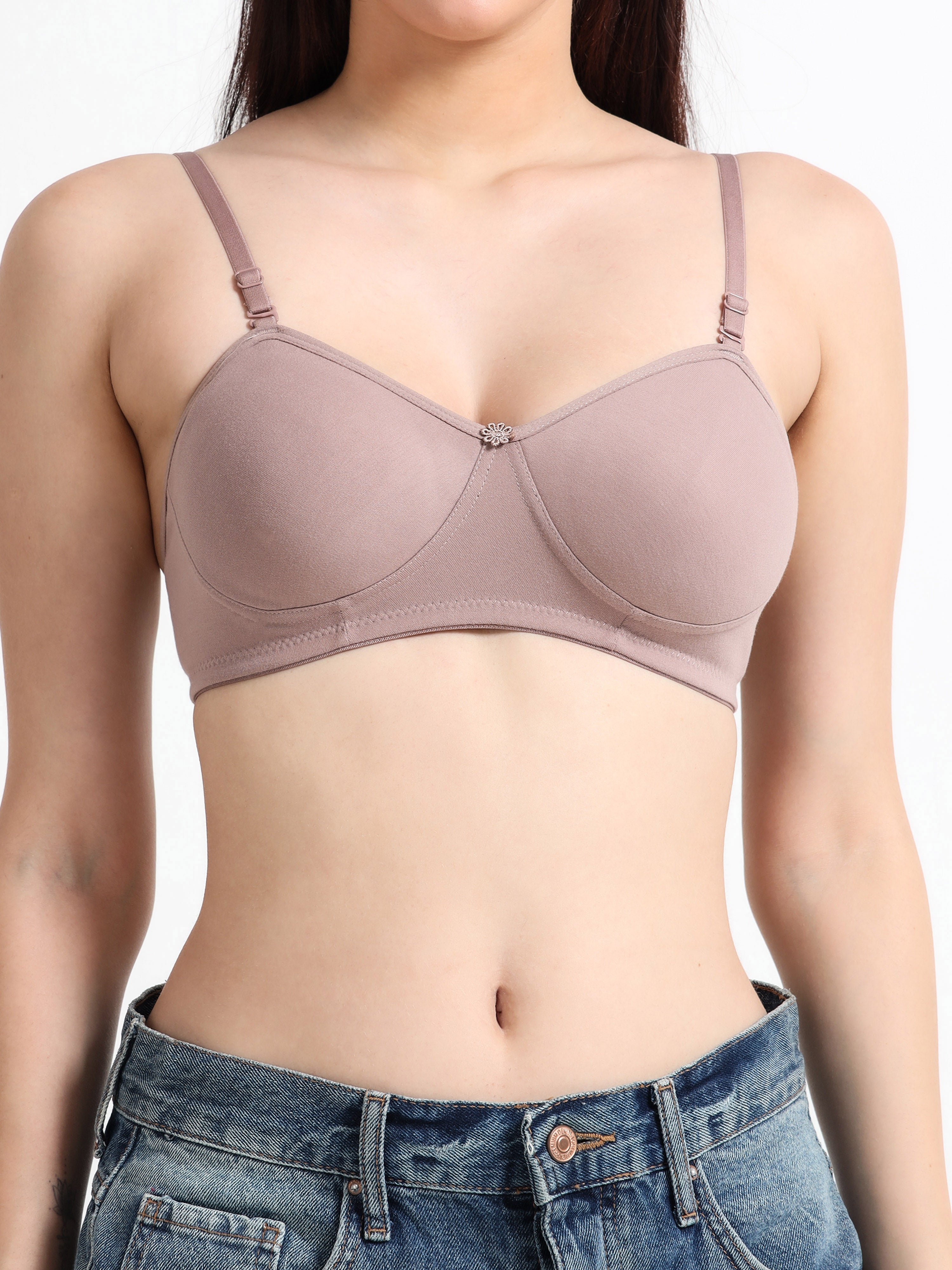 Machau Lingerie Women's Everyday Non Padded Demi Cup Wire Free Cotton-Rich Fabric T-Shirt Bra
