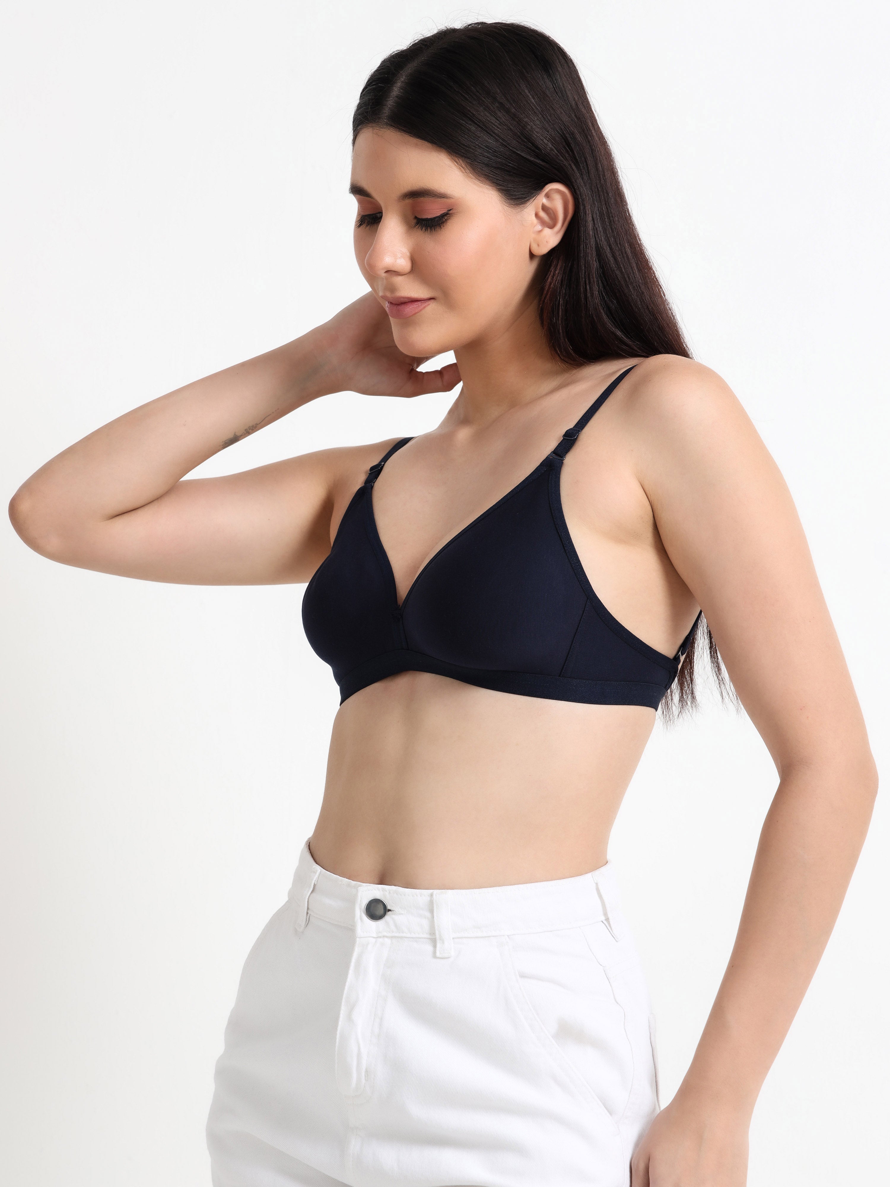 Machau Lingerie Women's  Non Padded Wire-Free Adjustable Straps V-Neck Seamless Full Coverage Cotton-Rich Fabric Everyday T-Shirt Bra