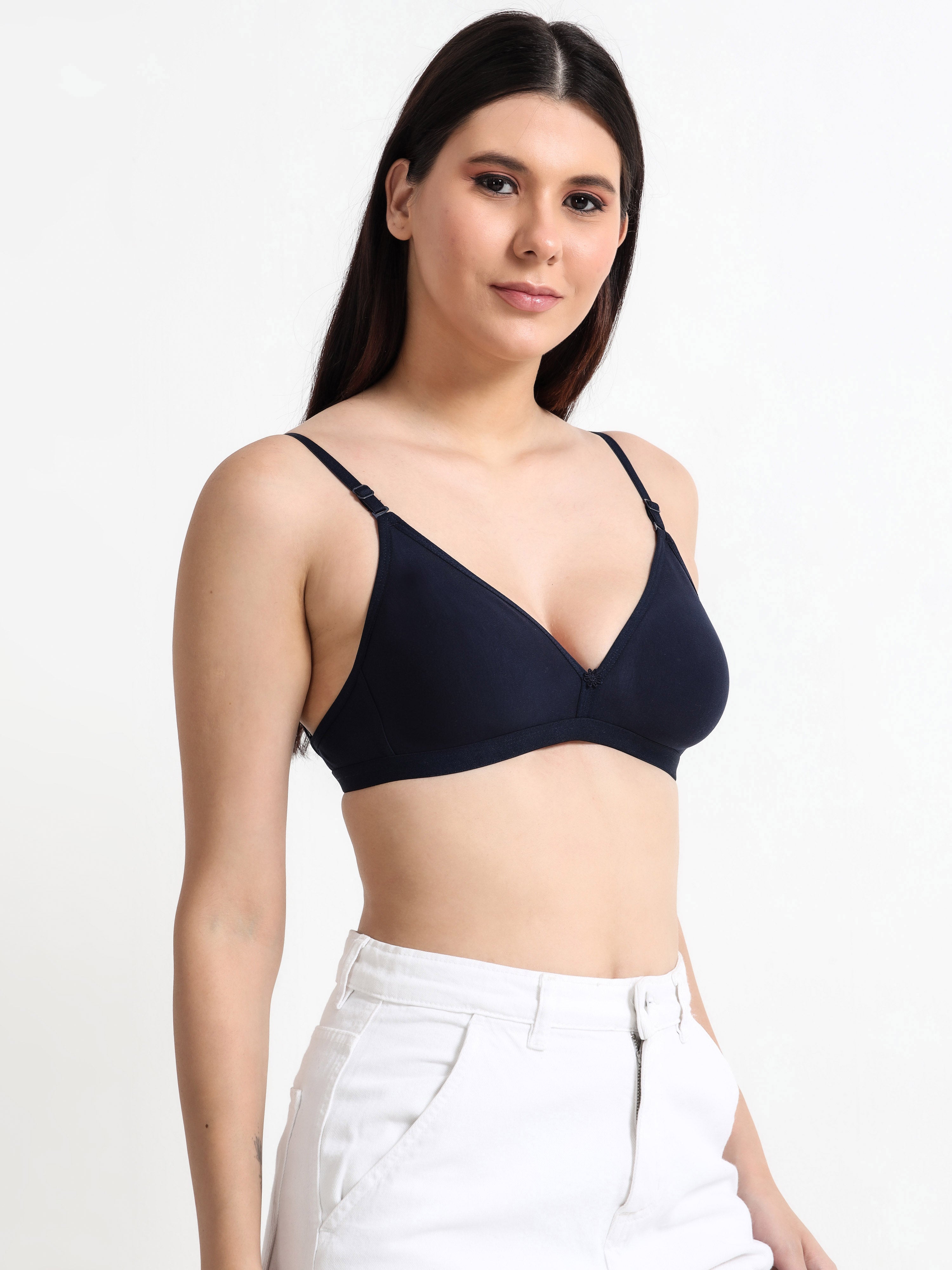 Machau Lingerie Women's  Non Padded Wire-Free Adjustable Straps V-Neck Seamless Full Coverage Cotton-Rich Fabric Everyday T-Shirt Bra