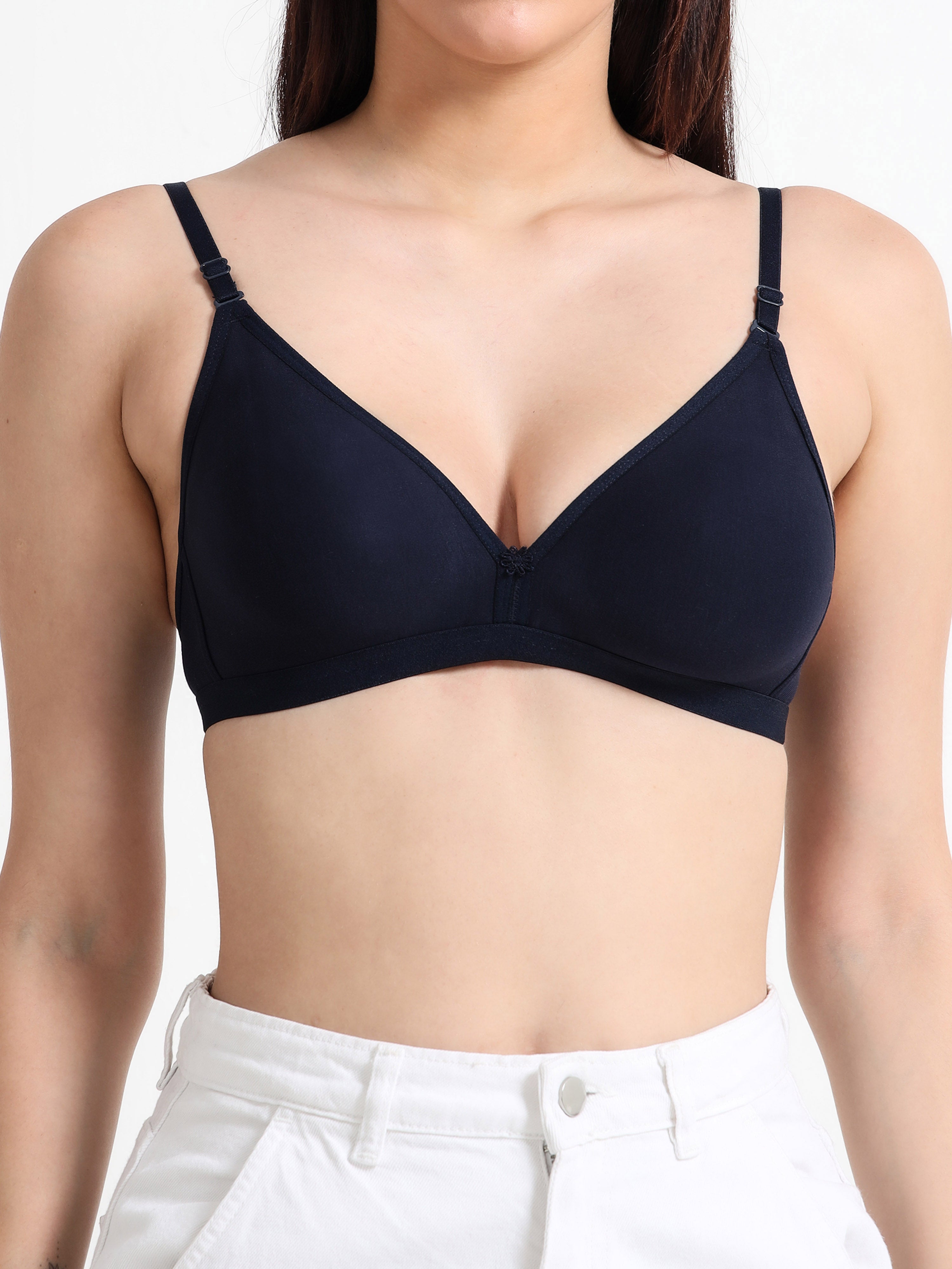 Machau Lingerie Women's  Non Padded Wire-Free Adjustable Straps V-Neck Seamless Full Coverage Cotton-Rich Fabric Everyday T-Shirt Bra