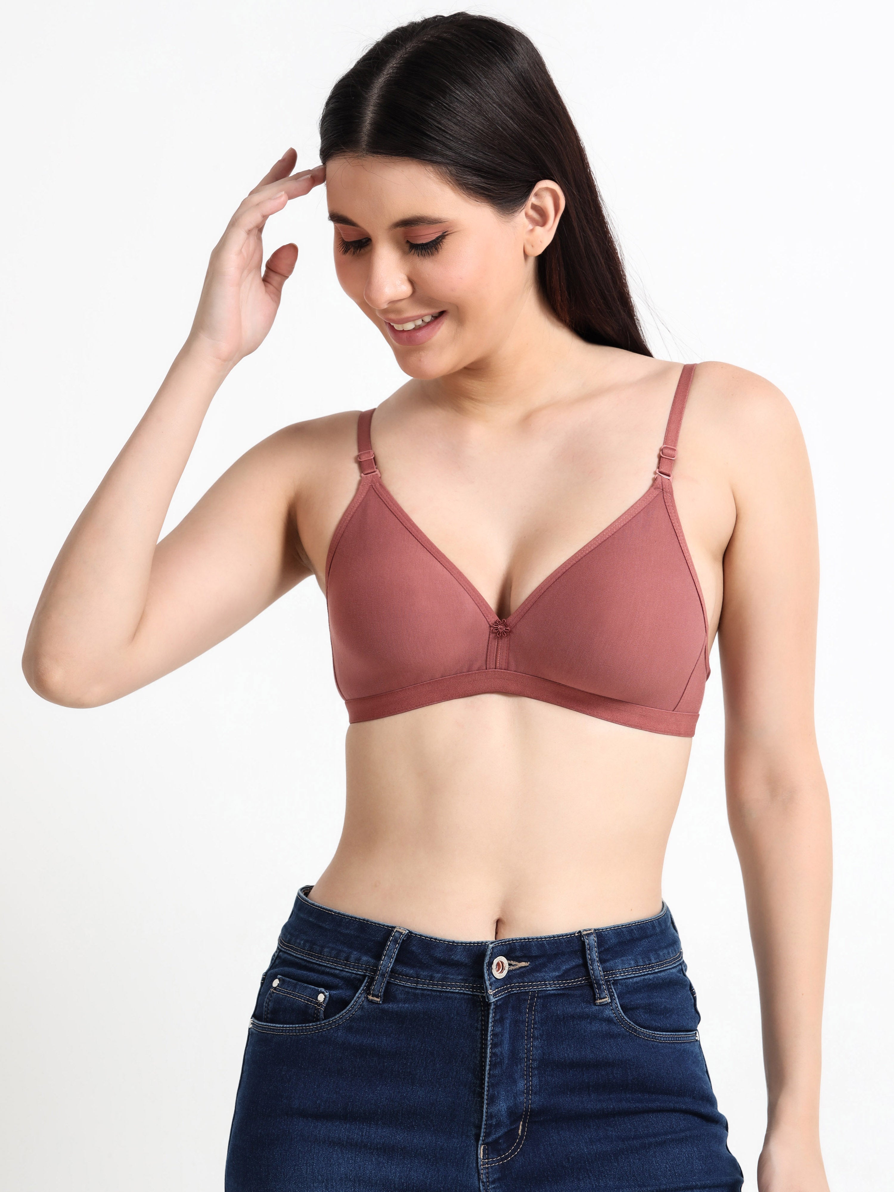 Machau Lingerie Women's  Non Padded Wire-Free Adjustable Straps V-Neck Seamless Full Coverage Cotton-Rich Fabric Everyday T-Shirt Bra