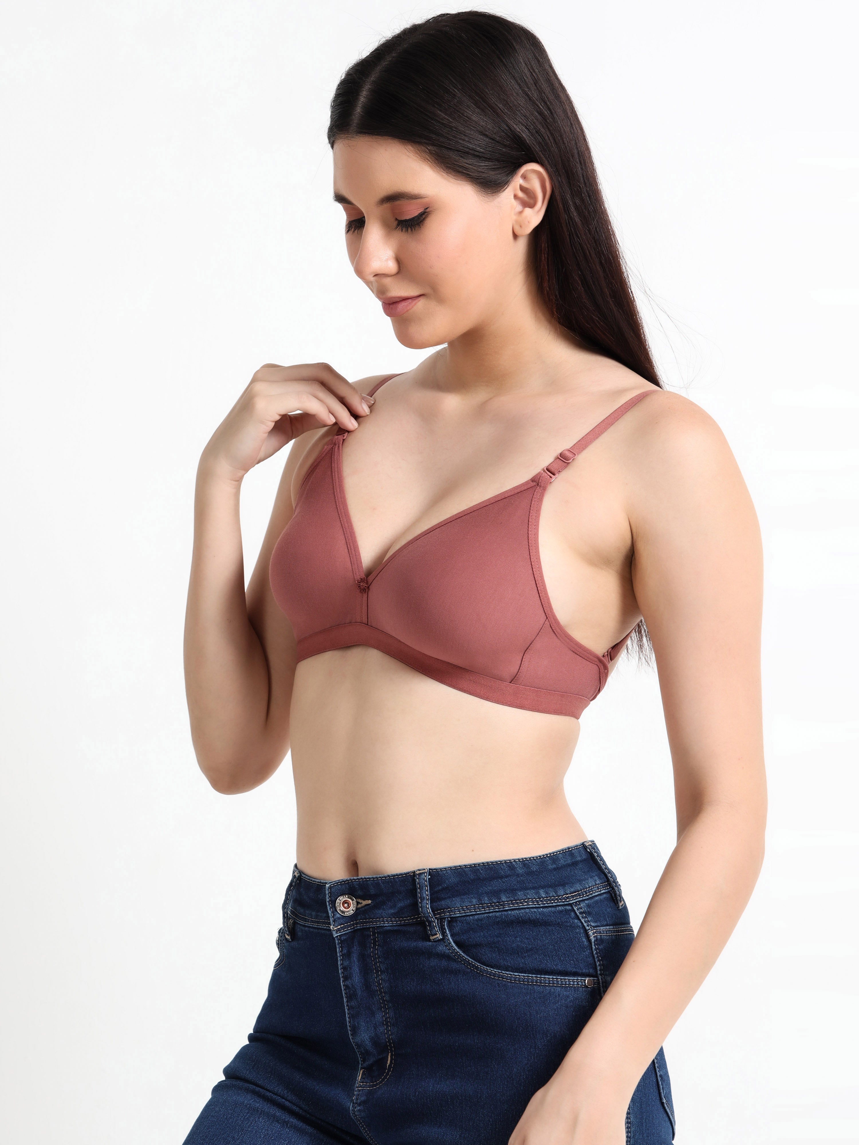 Machau Lingerie Women's  Non Padded Wire-Free Adjustable Straps V-Neck Seamless Full Coverage Cotton-Rich Fabric Everyday T-Shirt Bra