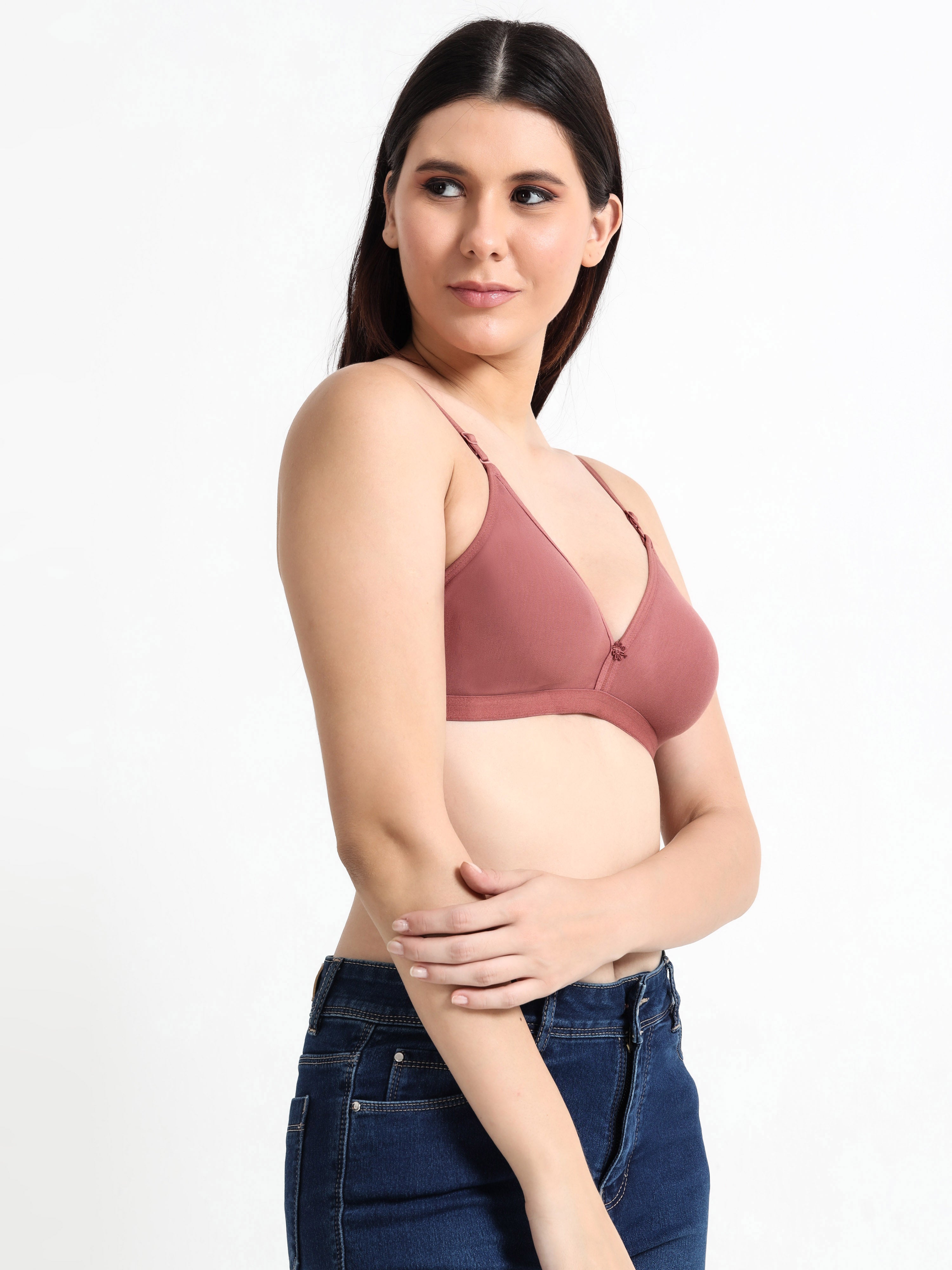 Machau Lingerie Women's  Non Padded Wire-Free Adjustable Straps V-Neck Seamless Full Coverage Cotton-Rich Fabric Everyday T-Shirt Bra