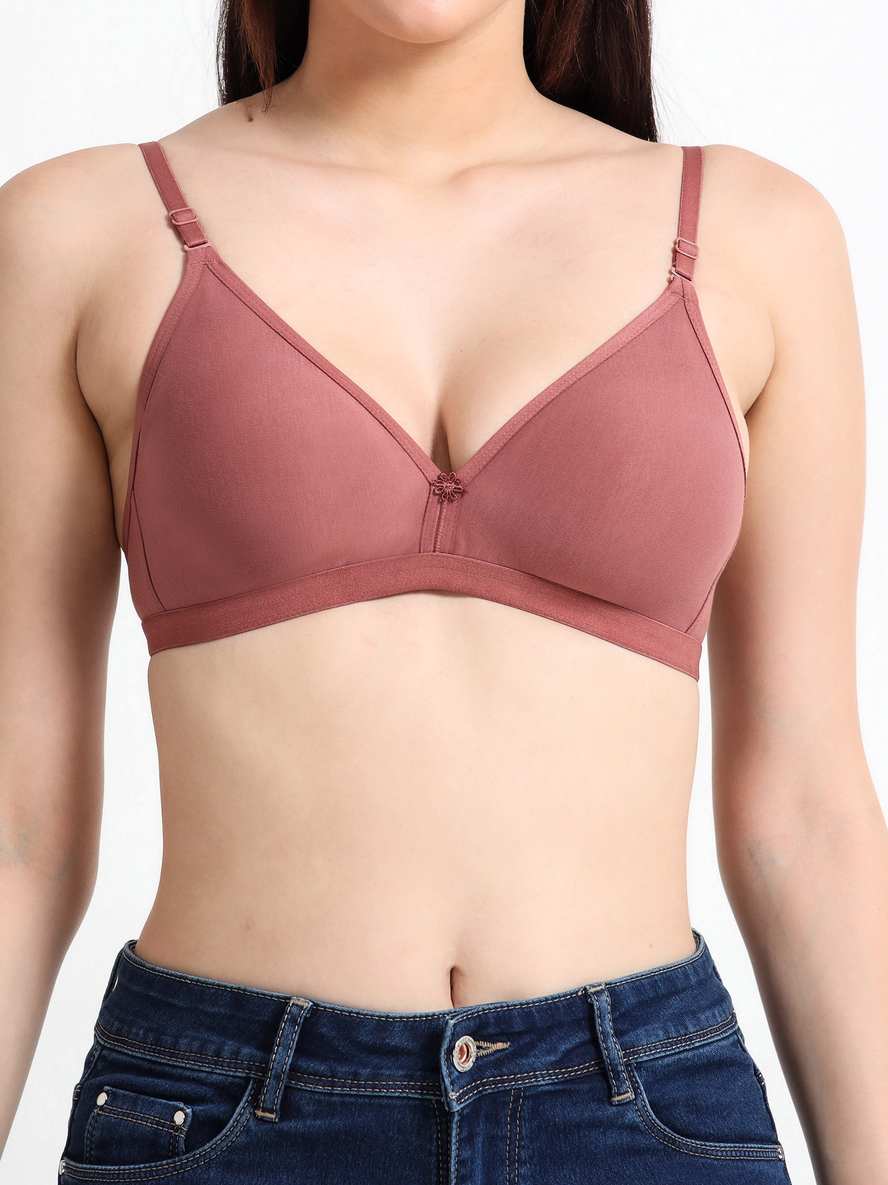 Machau Lingerie Women's  Non Padded Wire-Free Adjustable Straps V-Neck Seamless Full Coverage Cotton-Rich Fabric Everyday T-Shirt Bra