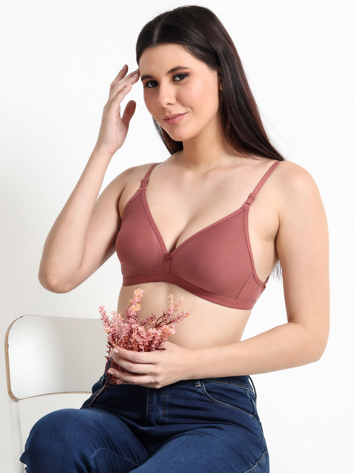 Machau Lingerie Women's  Non Padded Wire-Free Adjustable Straps V-Neck Seamless Full Coverage Cotton-Rich Fabric Everyday T-Shirt Bra