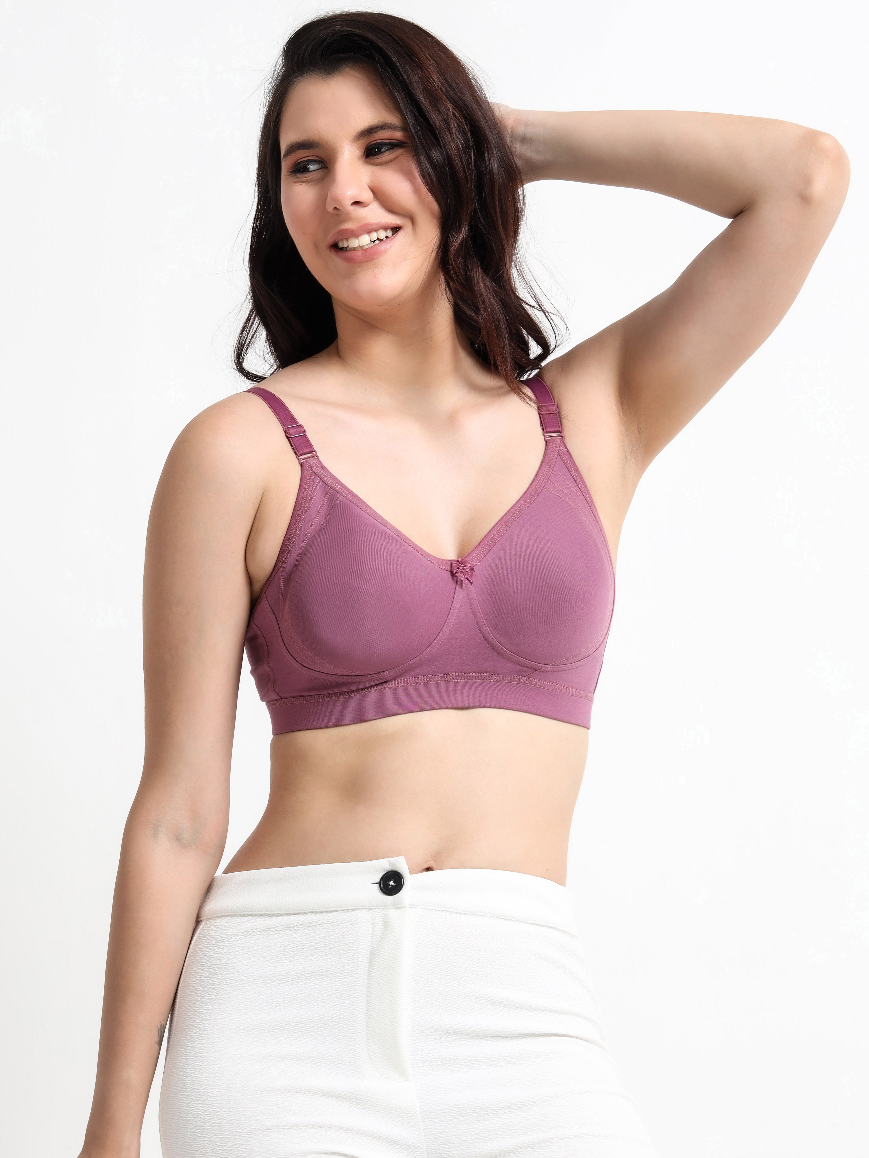Machau Lingerie Women's  Non Padded Wire-Free Adjustable Straps Full Coverage Cotton-Lycra Rich Fabric Everyday Minimizer T-Shirt Bra