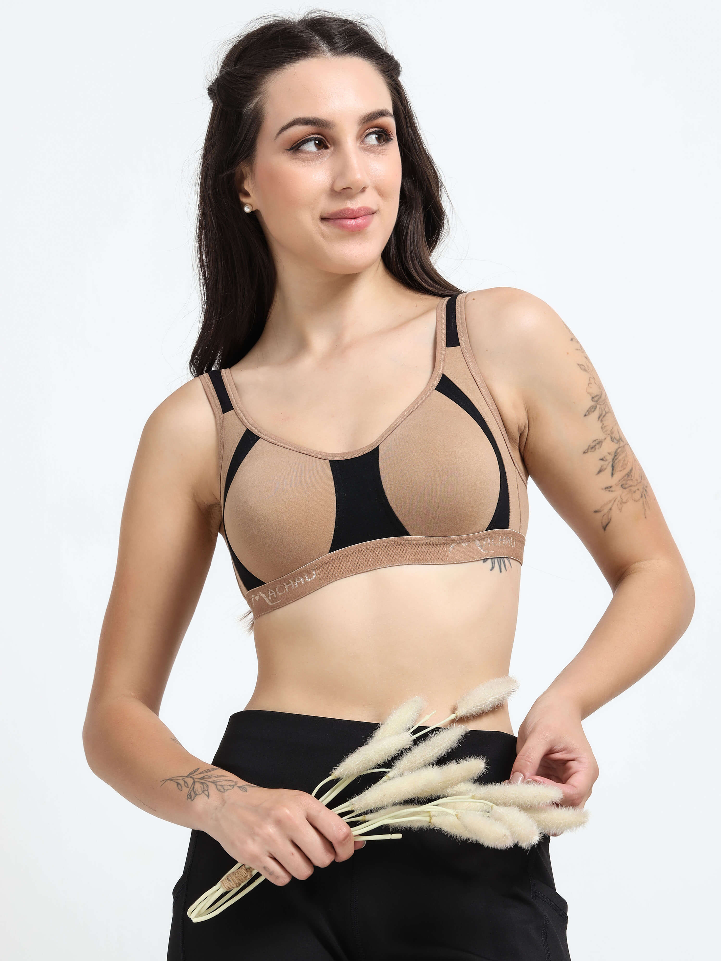 Machau Lingerie Women's Non Padded and Non Wired Full Coverage Back Close Cotton-Rich Fabric in Everyday Sports Bra